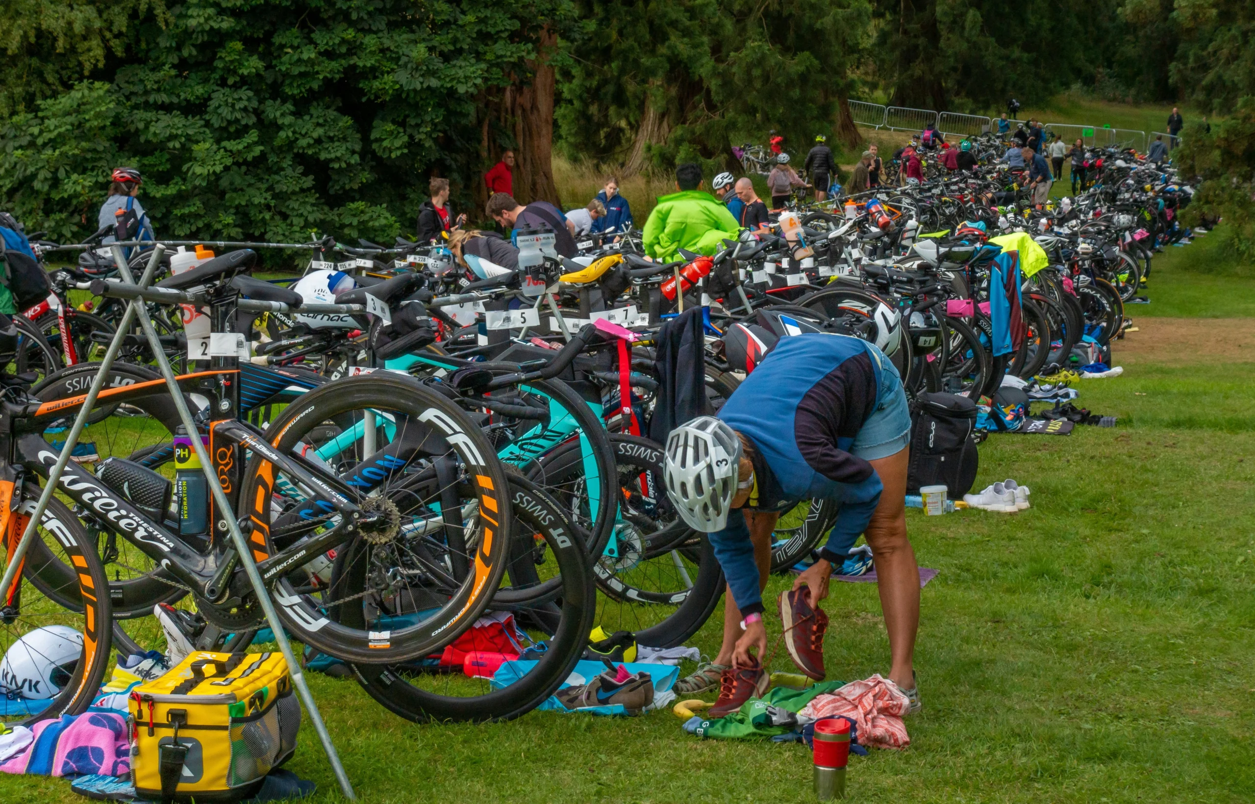 Triathlon gear set up in transition before the race