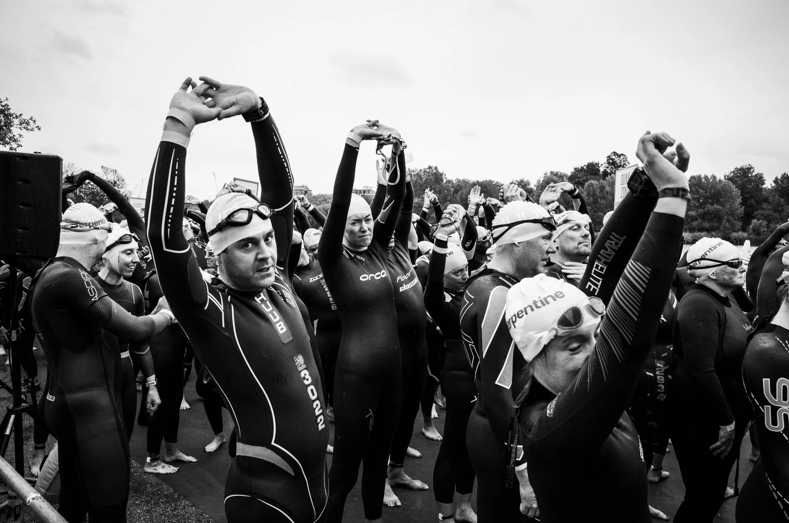 Beginner triathletes near the start of a race